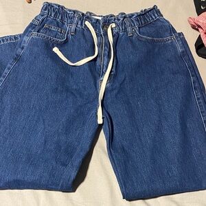 High Rise Blue Women's Jeans with Drawstring